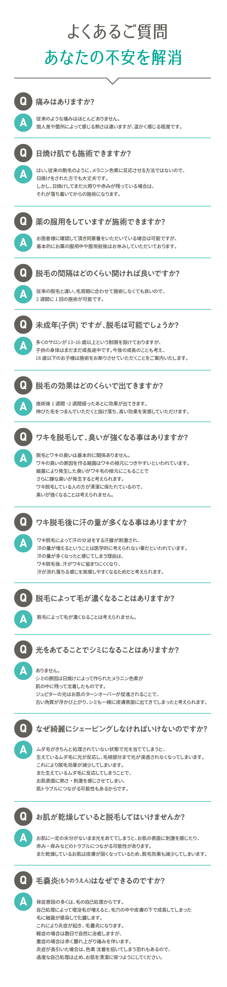  よくあるご質問 あなたの不安を解消 Q痛みはありますか? A従来のような痛みはほとんどありません。個人差や箇所によって感じる熱さは違いますが、温かく感じる程度です。 Q日焼け肌でも施術できますか? Aはい。従来の脱毛のように、メラニン色素に反応させる方法ではないので、日焼けをされた方でも大丈夫です。 しかし、日焼けしてまだ火照りや赤みが残っている場合は、それが落ち着いてからの施術になります。 Q薬の服用をしていますが施術できますか? Aお医者様に確認して頂き同意書をいただいている場合は可能で すが、基本的にお薬の服用中や服用前後はお休みしていただいております。 Q脱毛の間隔はどのくらい開ければ良いですか? A従来の脱毛と違い、毛周期に合わせて施術しなくても良いので、2週間に1回の施術が可能です。 Q未成年(子供) ですが、脱毛は可能でしょうか? A多くのサロンが13~16歳以上という制限を設けておりますが、子供の身体はまだまだ成長途中です。今後の成長のことも考え、18歳以下のお子様は施術をお断りさせていただくことをご案内いたします。 Q脱毛の効果はどのくらいで出てきますか? A施術後1週間~2週間経ったあとに効果が出てきます。伸びた毛をつまんでいただくと抜け落ち、高い効果を実感していただけます。 Qワキを脱毛して、臭いが強くなる事はありますか? A脱毛とワキの臭いは基本的に関係ありません。ワキの臭いの原因を作る細菌はワキの根元につきやすいといわれています。細菌により発生した臭いがワキ毛の根元にこもることで さらに嫌な臭いが発生すると考えられます。ワキ脱毛している人の方が清潔に保たれているので、臭いが強くなることは考えられません。 Qワキ脱毛後に汗の量が多くなる事はありますか? Aワキ脱毛によって汗の分泌をする汗腺が刺激され、汗の量が増えるということは医学的に考えられない事だといわれています。汗の量が多くなったと感じてしまう理由は、ワキ脱毛後、汗がワキに留まりにくくなり、汗が流れ落ちる感じを実感しやすくなるためだと考えられます。 Q脱毛によって毛が濃くなることはありますか? A脱毛によって毛が濃くなることは考えられません。 Q光をあてることでシミになることはありますか? Aありません。シミの原因は日焼けによって作られたメラニン色素が肌の中に残って沈着したものです。ジュピターの光はお肌のターンオーバーが促進されることで、古い角質が浮かび上がり、シミも一緒に皮膚表面に出てきてしまったと考えられます。 Qなぜ綺麗にシェービングしなければいけないのですか? Aムダ毛がきちんと処理されていない状態で光を当ててしまうと、生えているムダ毛に光が反応し、毛根部分まで光が浸透されなくなってしまいます。これにより脱毛効果が減少してしまいます。また生えているムダ毛に反応してしまうことで、お肌表面に熱さ・刺激を感じさせてしまい、肌トラブルにつながる可能性もあるからです。 Qお肌が乾燥していると脱毛してはいけませんか? Aお肌に一定の水分がないまま光をあててしまうと、お肌の表面に刺激を感じたり、赤み・痒みなどのトラブルにつながる可能性があります。また乾燥しているお肌は皮膚が固くなっているため、脱毛効果も減少してしまいます。 Q毛嚢炎(もうのうえん)はなぜできるのですか? A発症原因の多くは、毛の自己処理からです。自己処理によって埋没毛が増えると、毛穴の中や皮膚の下で成長してしまった毛に細菌が感染して化膿します。これにより炎症が起き、毛嚢炎になります。軽症の場合は数日で自然に治癒しますが、重症の場合は赤く腫れ上がり痛みを伴います。炎症が長引いた場合は、色素沈着を招いてしまう恐れもあるので、過度な自己処理は止め、お肌を清潔に保つようにしてください。